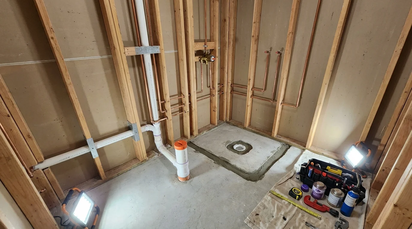 Bathroom rough-in plumbing during remodel by Johns Plumbing LLC in Princeville