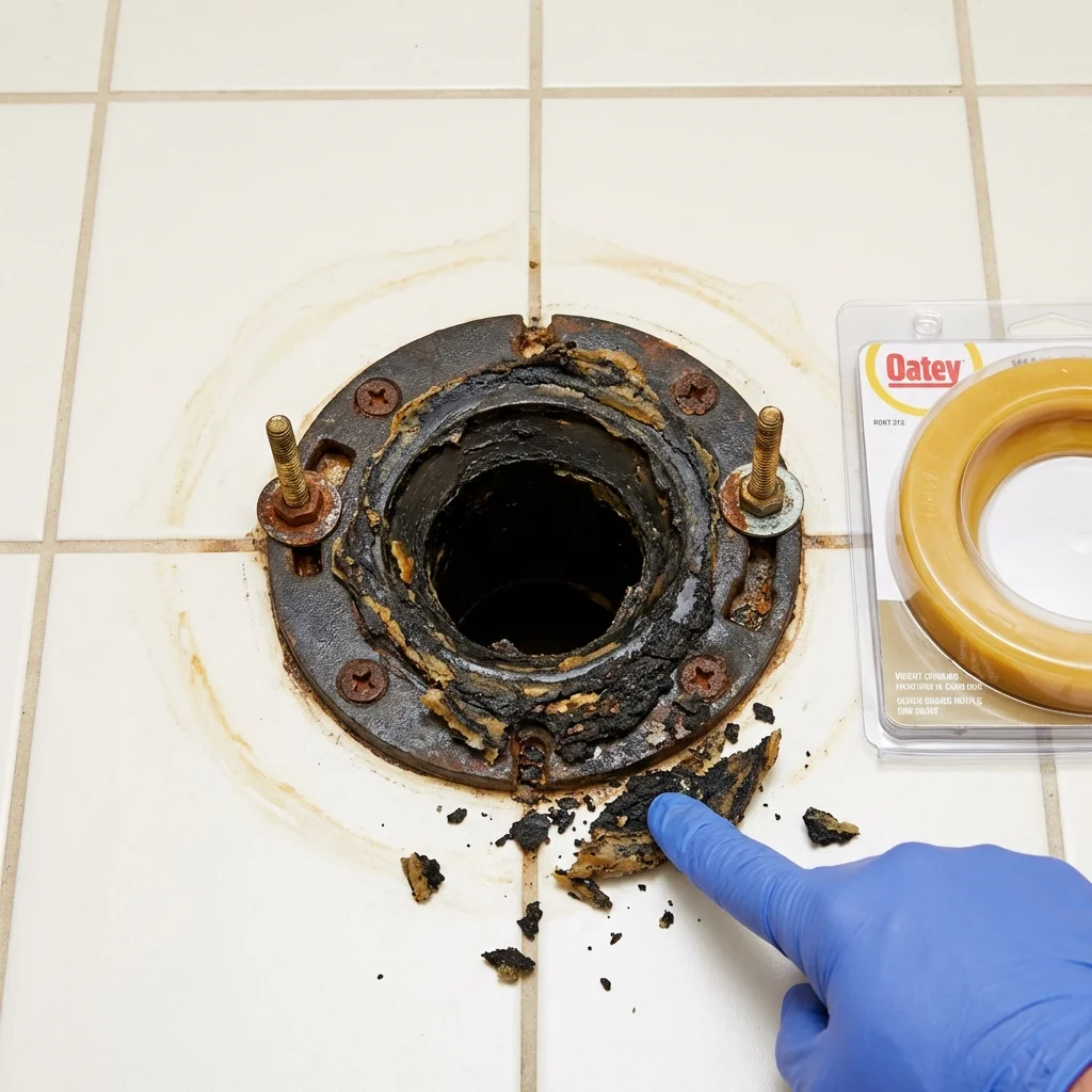 Failed wax ring showing water seepage at the base of a toilet in a Princeville, IL home