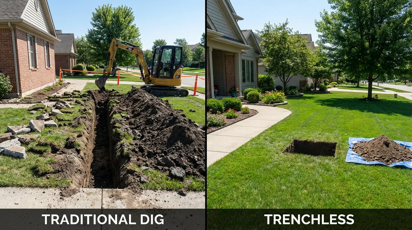Trenchless sewer repair with minimal yard damage versus traditional excavation in Princeville, IL